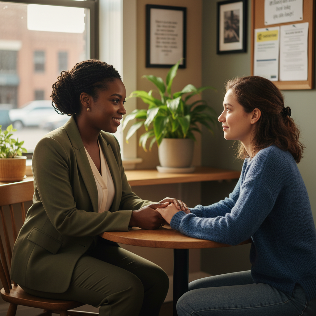 Two women from waist up, one supporting the other with hands together on the table