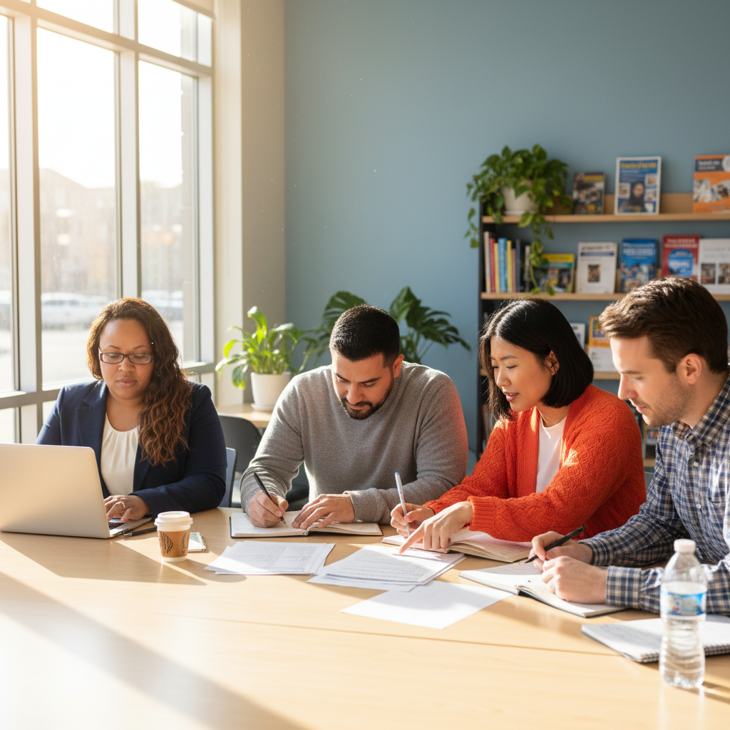 Diverse adults working together around a table with notebooks, worksheets, and a laptop